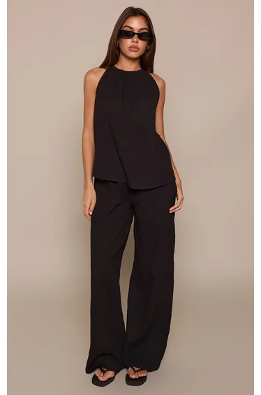 Black Textured Linen Look Wide Leg Trouser
