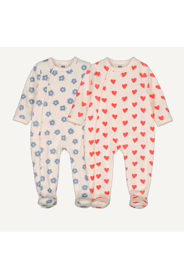Set of 2 Babygrow Pyjamas in Velour with Hearts and Flowers