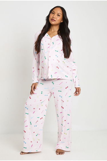 Maternity Sweet Print Long Sleeve Shirt & Trouser Pyjama Set - pink