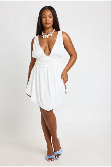 Plus V Neck Skater Dress - white
