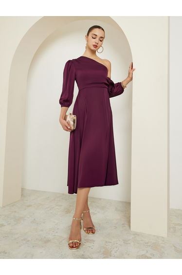 Burgundy One Shoulder A-Line Midi Dress