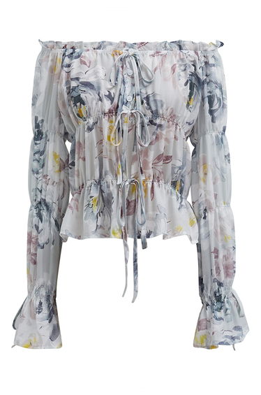 Watercolor Print Button Front Sheer Top in Grey