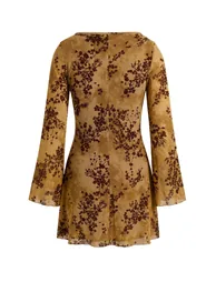 Khaki Floral Skater/Pool Neck Long Short / Mini Tulle Lined Knitted Dress - 7