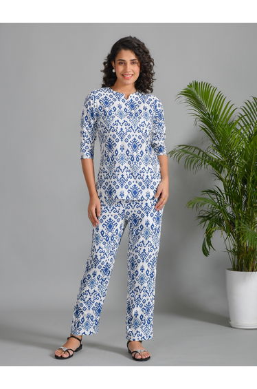 Blue Printed Round Neck Viscose Rayon Shirt and Pyjama Set