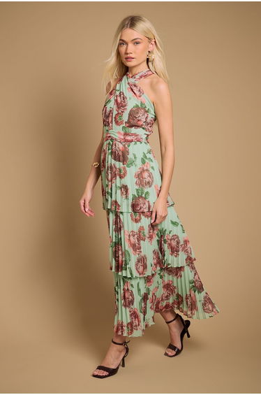 Halterneck Pleated Tiered Maxi Dress