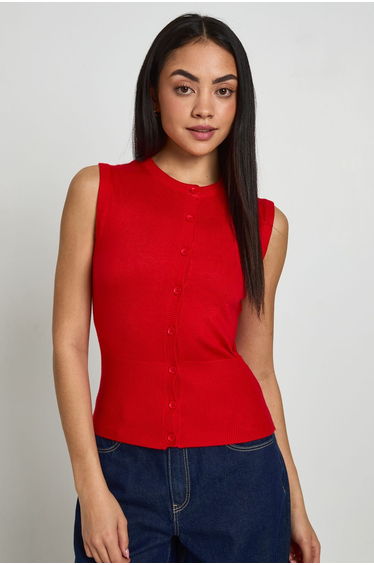 Rib Knitted Button Through Cinched Hem Top - red