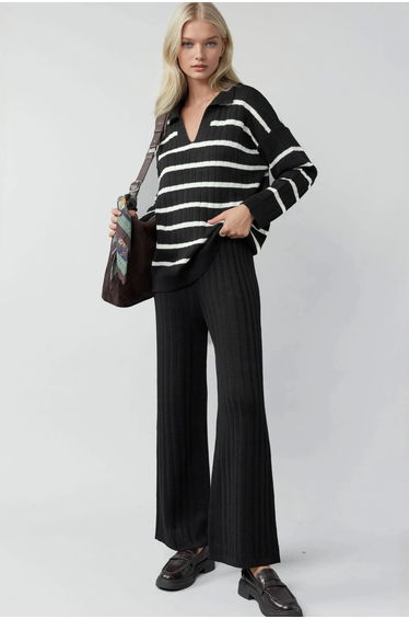 MY FASHION Striped Knit Co-ord Set with Polo Collar