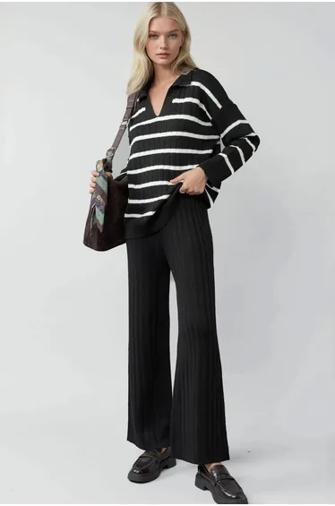 MY FASHION Striped Knit Co-ord Set with Polo Collar