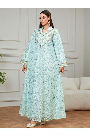 Green Embroidered Floral Print A-Line Jalabiya