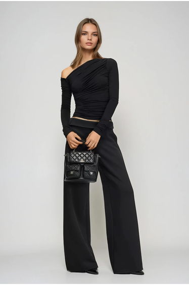 Darell One Shoulder Ruch Long Sleeve Top In Black