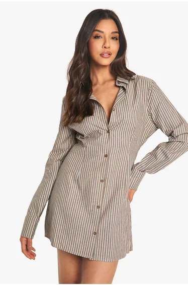 Cinched Waist Fitted Shirt Dress - chocolate