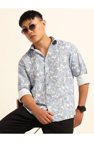 Men Blue All Over Print Spread Collar Shirt