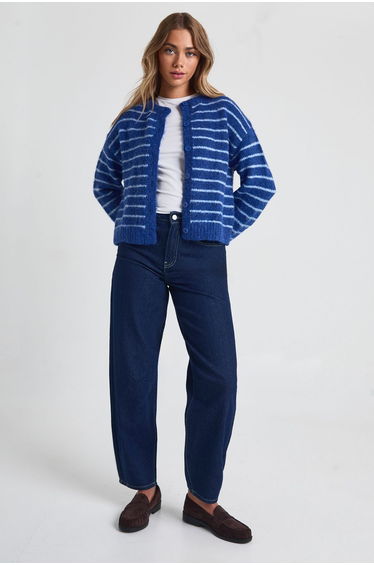 Chunky Super Soft Stripe Button Through Cardigan - navy