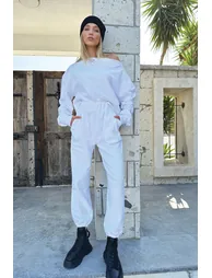 Women's White Double Pocket Elastic Waist And Cuff Jogging Textured Trousers - 3