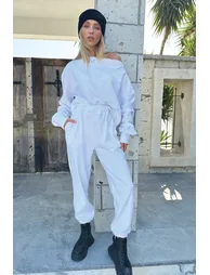 Women's White Double Pocket Elastic Waist And Cuff Jogging Textured Trousers - 1