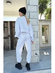 Women's White Double Pocket Elastic Waist And Cuff Jogging Textured Trousers - 4