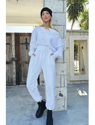 Women's White Double Pocket Elastic Waist And Cuff Jogging Textured Trousers