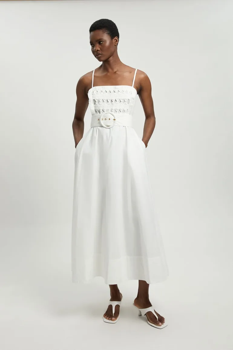 Cutwork Detail Belted Strappy Midi Dress