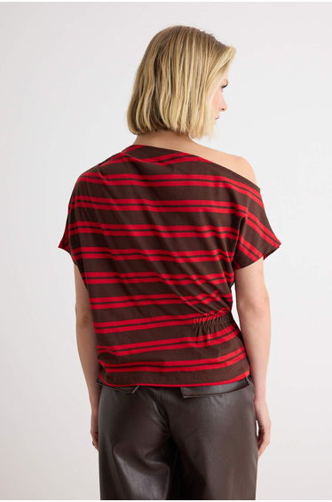 Brown-Red Striped 100% Cotton Straight Shoulder Open Asymmetric Collar Knitted T-Shirt product thumbnail 4