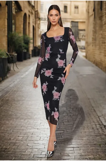 Black Floral Column Midaxi Dress with Long Sleeves