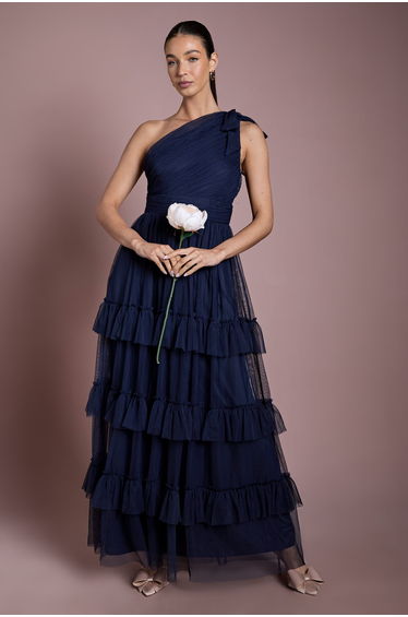 Navy Pleated Mesh One Shoulder Tiered Maxi Bridesmaid Maxi Dress