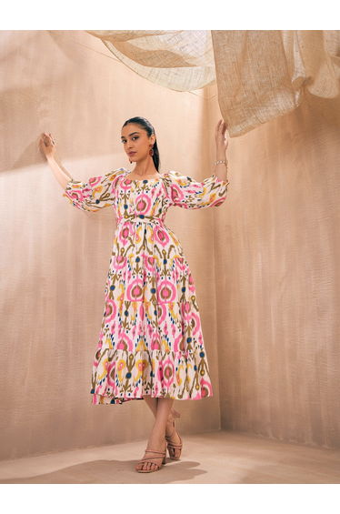 Ikat Print Front Button Self Belt Tiered Midi Dress