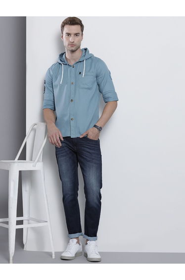 Men Blue Solid Hooded Shirt