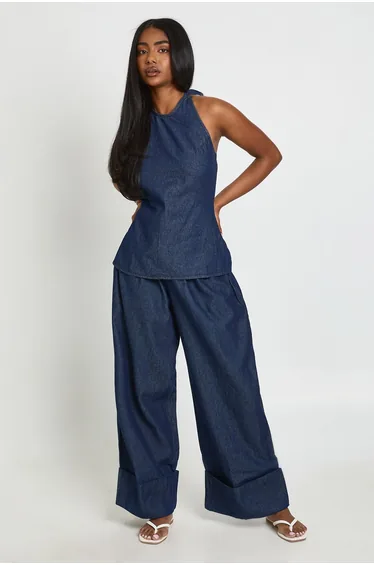Chambray Tie Halterneck Top & Turnup Wide Leg Trousers - indigo