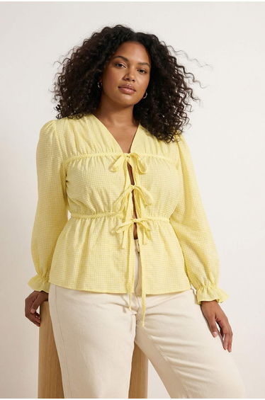 Yellow Bow Long Balloon Sleeve Textured Seersucker Woven Plus Size Blouse