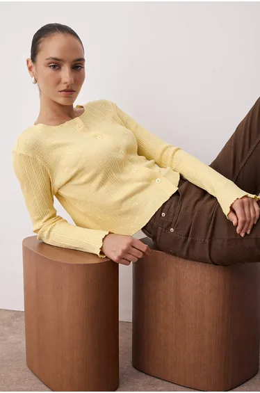 Light Yellow Jacquard Fitted/Body-Smoothing Button Detailed Flexible Knit Blouse