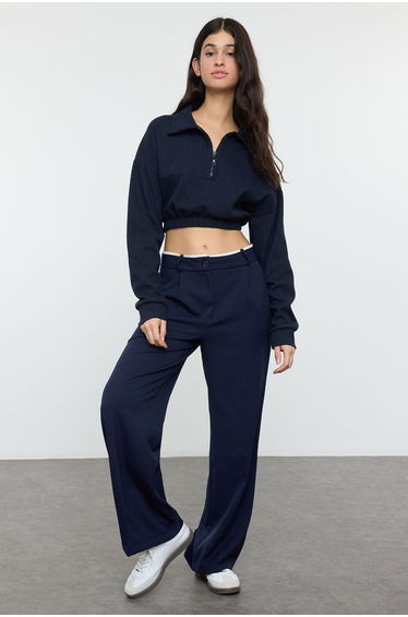 Dark Navy Belt Detailed Wide Leg/Wide Leg Woven Trousers