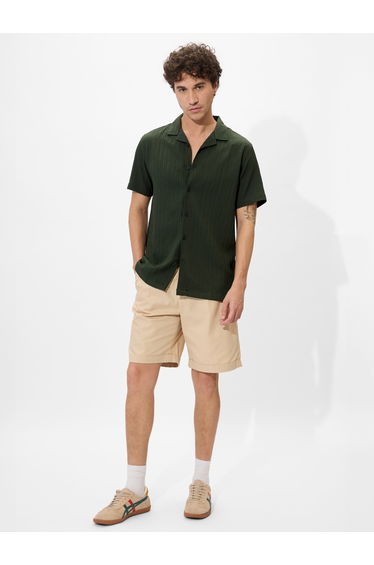 Men Green Resort Collar Textured Shirt