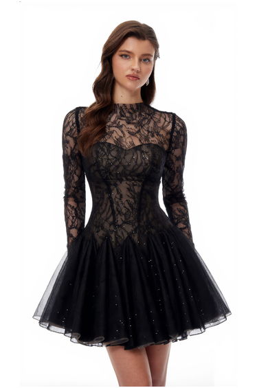 Mirabella Black Sequined Flroal Lace Mini Dress