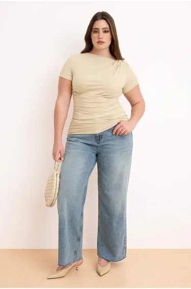 Stone Shirred/Draped Detailed Fitted/Fitted Knitted Plus Size Blouse