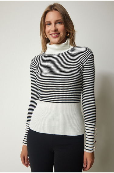 Women's Ecru Black Turtleneck Knitwear Sweater with Buttons and Buttons