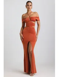 Slinky Jersey Cut-Out Halterneck Gown in Burnt Orange