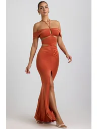 Slinky Jersey Cut-Out Halterneck Gown in Burnt Orange - 4