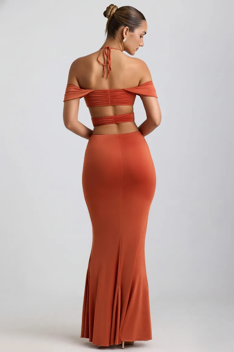 burnt orange backless dress Burnt Orange Backless Long Bridesmaid Dress with Slit