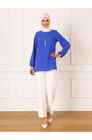 Blue Solid Round Neck Longline Blouse