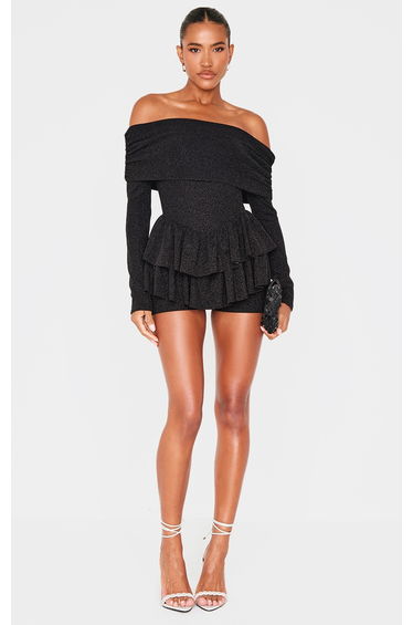 Black Glitter Bardot Long Sleeve Rara Playsuit