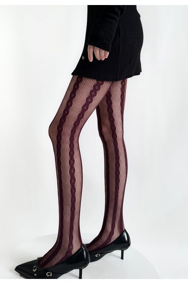 Retro Cable Pattern Fishnet Tights in Burgundy