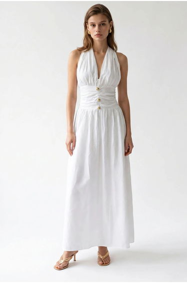 MIXRAY Women's Cotton Poplin Halter Maxi Dress