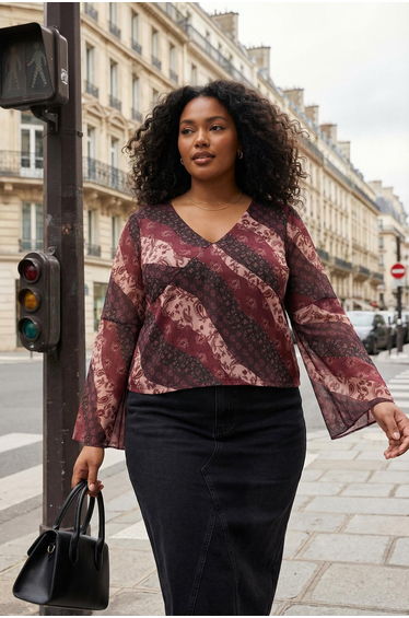 Multicolor boho/boho chic printed v-neck spanish sleeve tulle stretchy knitted blouse