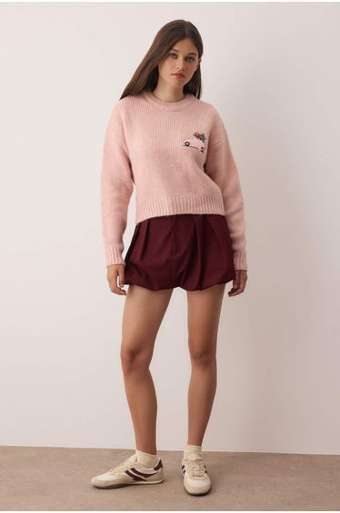 Pink New Year's Themed Soft Texture Crop/Short Knit Sweater