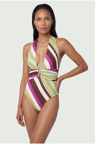 Diagonal Stripe Plunge Swimsuit With Stone Detail