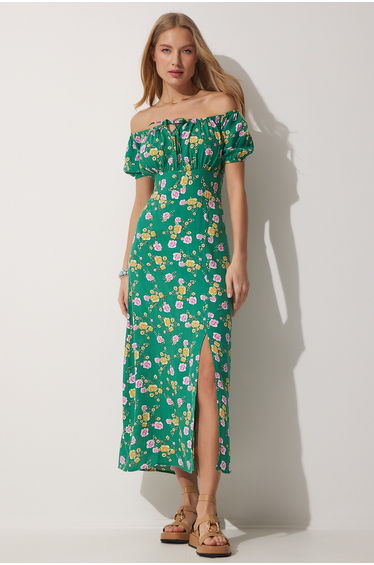 Women's Green Floral Pleated Collar Summer Long Viscose Dress