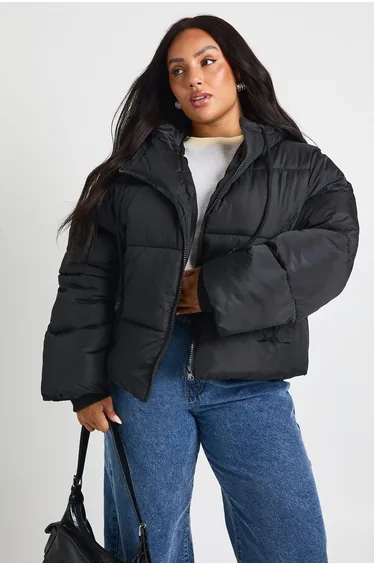 جاكيت منفوخ مبطن بهودي لون أسود - للمقاسات الكبيرة