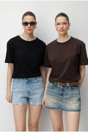 MIXRAY Oversized Ribbed Crew Neck Two-Piece T-Shirt Set