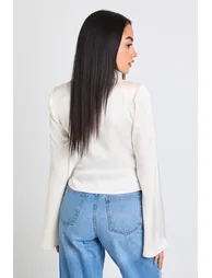 Long Sleeve Satin Cowl Neck Top - oyster - 2