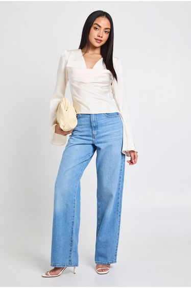 Long Sleeve Satin Cowl Neck Top - oyster